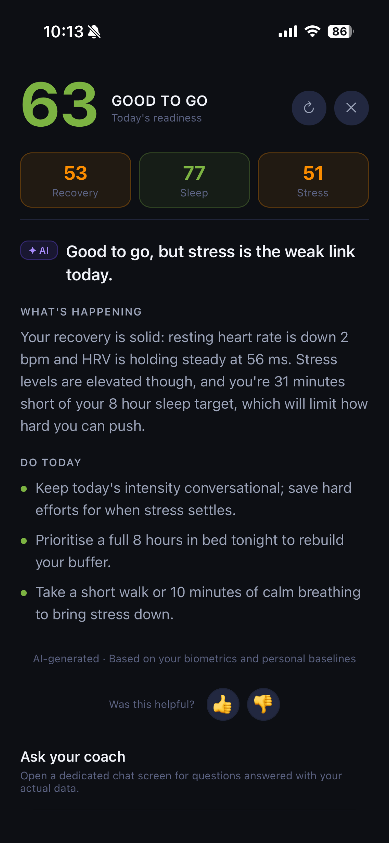 Daily AI briefing explaining the day's readiness score with concrete actions