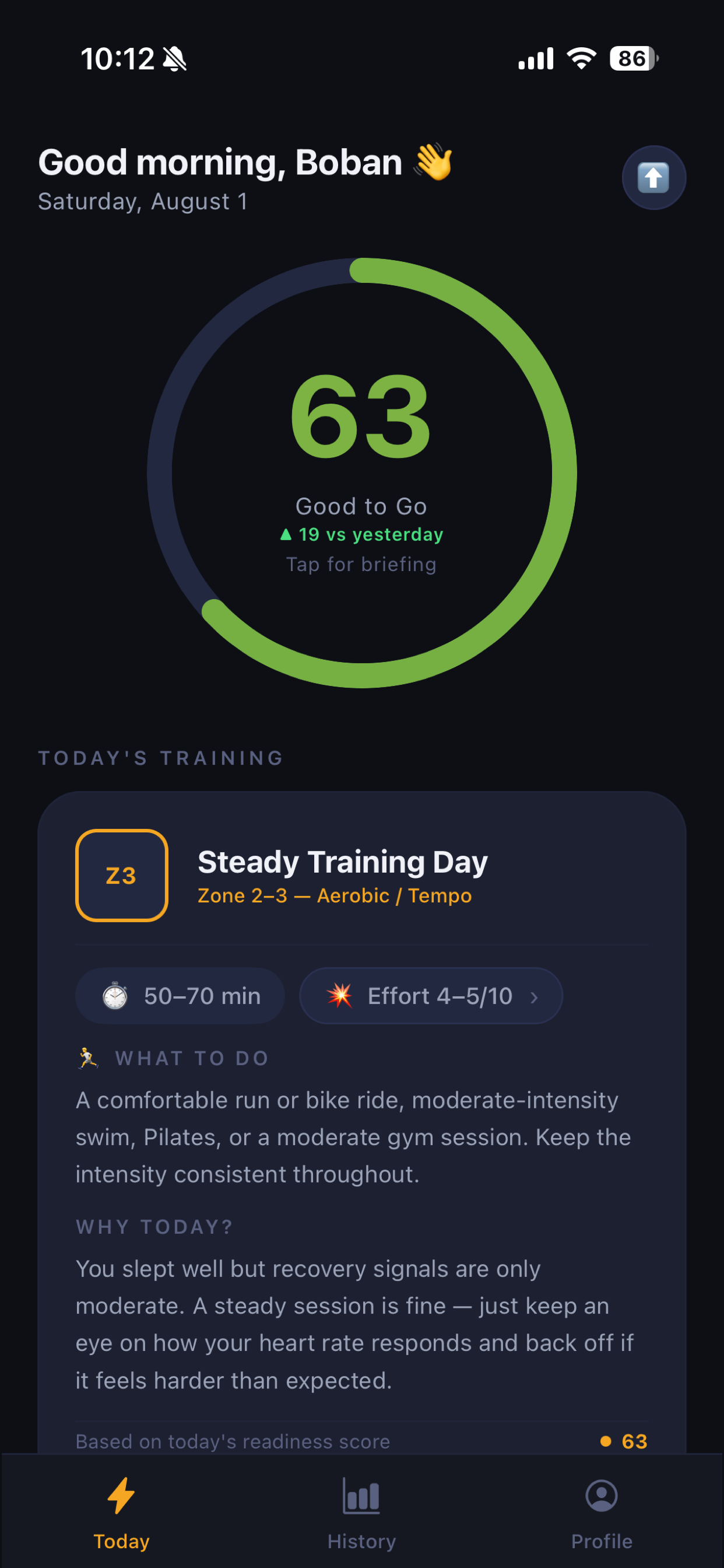 Readiness home screen showing a readiness score of 63, Good to Go, with today's training recommendation